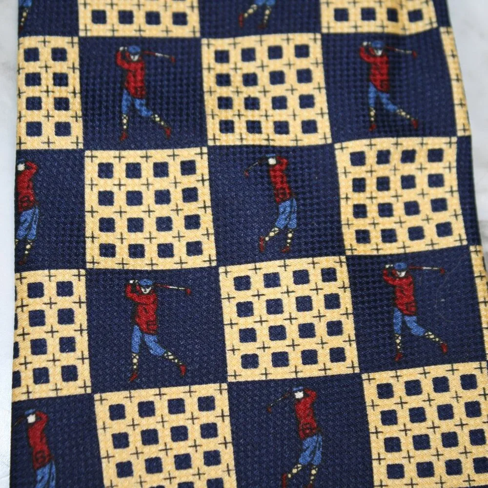 VINTAGE TOMMY HILFIGER Necktie Checkerboard Plaid Golf Blue Gold Silk Neck Tie